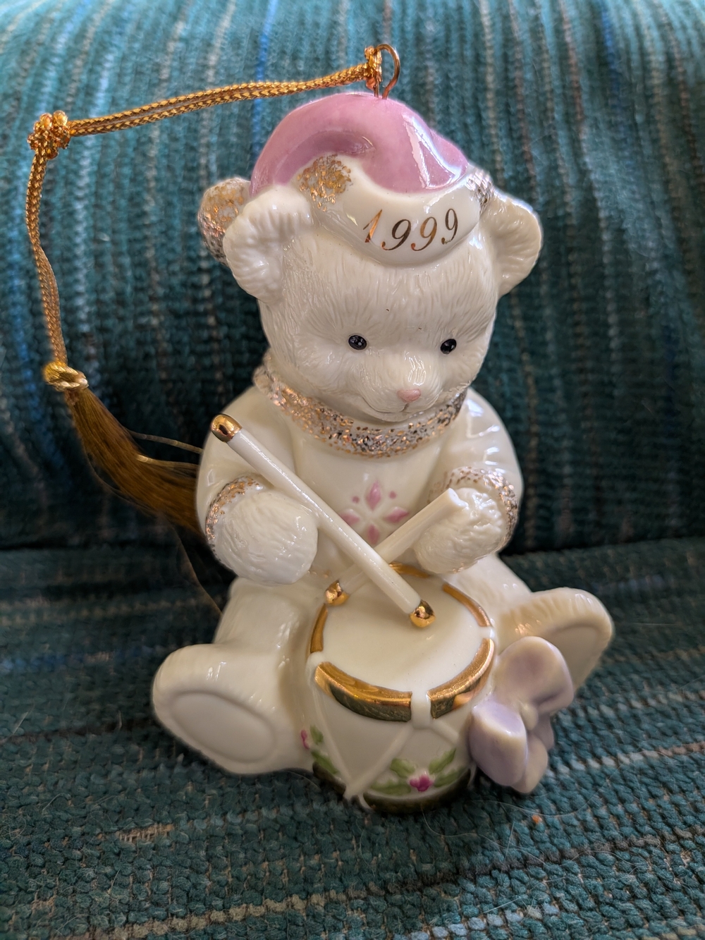 1999 Lenox Pink and White Porcelain Bear Drummer Ornament